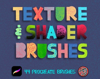 May include: A set of 44 Procreate brushes featuring colorful, textured designs. The brushes are labeled "Texture & Shader Brushes" and are designed for use with the Procreate app. The image also includes the Procreate app icon and a logo for "Always Be Coloring".
