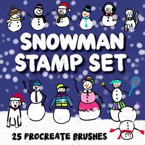 May include: A set of 25 Procreate brushes featuring various snowman illustrations. The snowmen are drawn in a cartoon style with different accessories, such as hats, scarves, and sunglasses. The background is a blue sky with white snowflakes.