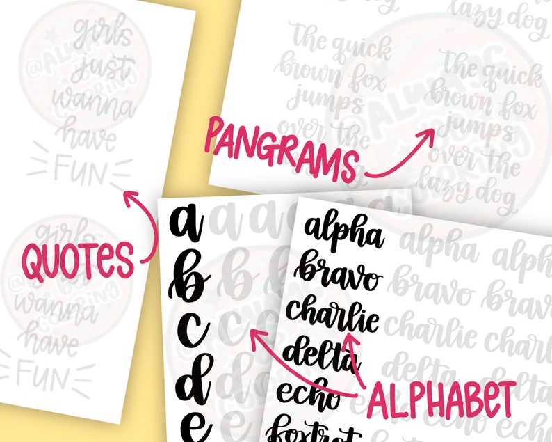 May include: A set of alphabet letters in black cursive font on a white background. The letters are arranged in alphabetical order from A to Z. The letters are repeated multiple times on the page. The words "QUOTES", "PANGRAMS", and "ALPHABET" are written in red cursive font on the page.