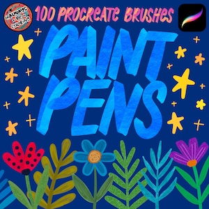 Op de afbeelding: Digitale kunstafbeelding op een donkerblauwe achtergrond met de woorden "100 Procreate Brushes" en "Paint Pens" in het blauw. De afbeelding bevat gele sterren, witte kruisen en kleurrijke bloemen. Een Procreate app-icoon staat rechtsboven.