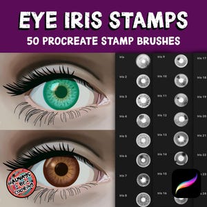 May include: Digital art product featuring eye iris stamps for Procreate. The image shows two detailed eye illustrations, one with a green iris and the other with a brown iris, alongside a grid of 24 iris stamp examples. Text reads "EYE IRIS STAMPS" and "50 PROCREATE STAMP BRUSHES."