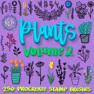 Może przedstawiać: Zestaw 250 stempli Procreate z różnymi ilustracjami roślin. Stempelki są przeznaczone do użytku w sztuce cyfrowej i obejmują różnorodne liście, kwiaty i łodygi. Obraz zawiera również tekst "Plants Volume 2".