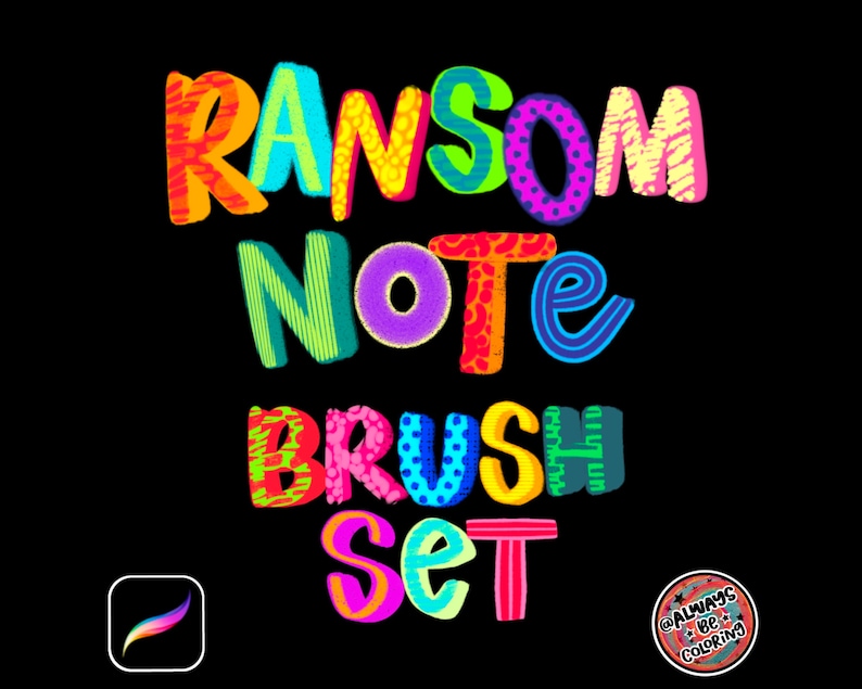 May include: A colorful set of digital brushes called "Ransom Note Brush Set". The text is in a playful, hand-drawn style with different patterns and textures on each letter.
