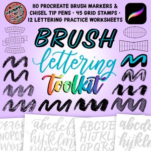 May include: A digital lettering toolkit with brush markers, chisel tip pens, grid stamps, and practice worksheets. The words "Brush Lettering Toolkit" are displayed in a colorful design on a lavender background. Includes the text "Always Be Coloring".