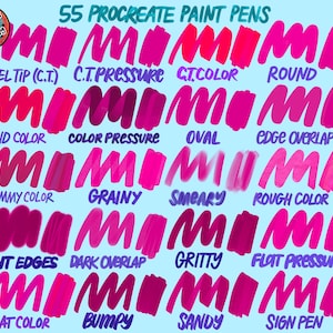 May include: A digital art illustration showcasing 55 Procreate paint pens in various shades of pink and red. Each pen type is labeled, including "Chisel Tip," "Round," and "Gummy Color," with examples of their strokes. The background is a light blue.
