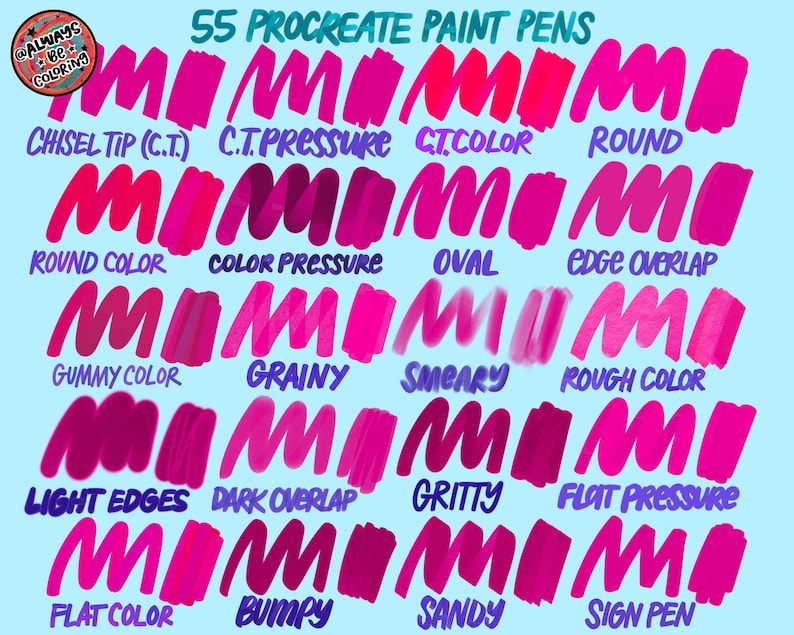 May include: A digital art illustration showcasing 55 Procreate paint pens in various shades of pink and red. Each pen type is labeled, including "Chisel Tip," "Round," and "Gummy Color," with examples of their strokes. The background is a light blue.