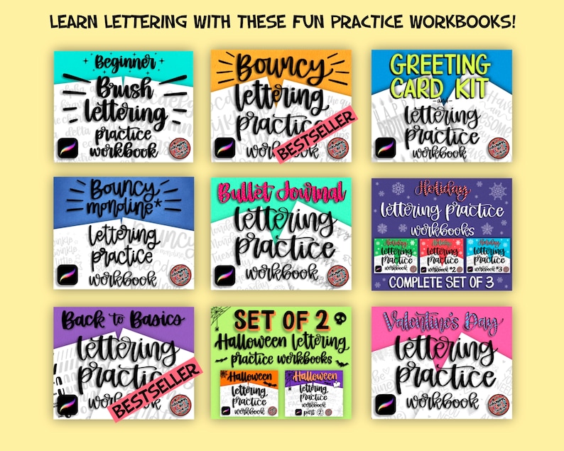May include: Nine colorful digital download covers for lettering practice workbooks. The covers feature different lettering styles and themes, including beginner brush lettering, bouncy monoline, bullet journal, holiday, back to basics, and Valentine's Day. Some covers have the word "BESTSELLER" on them.