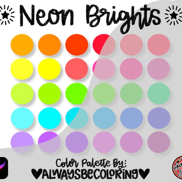 INSTANT DOWNLOAD! Custom NEON Brights Color Palette & pdf Color Swatches for Procreate! Fluorescent Colors for Vivid Procreate Brushes!