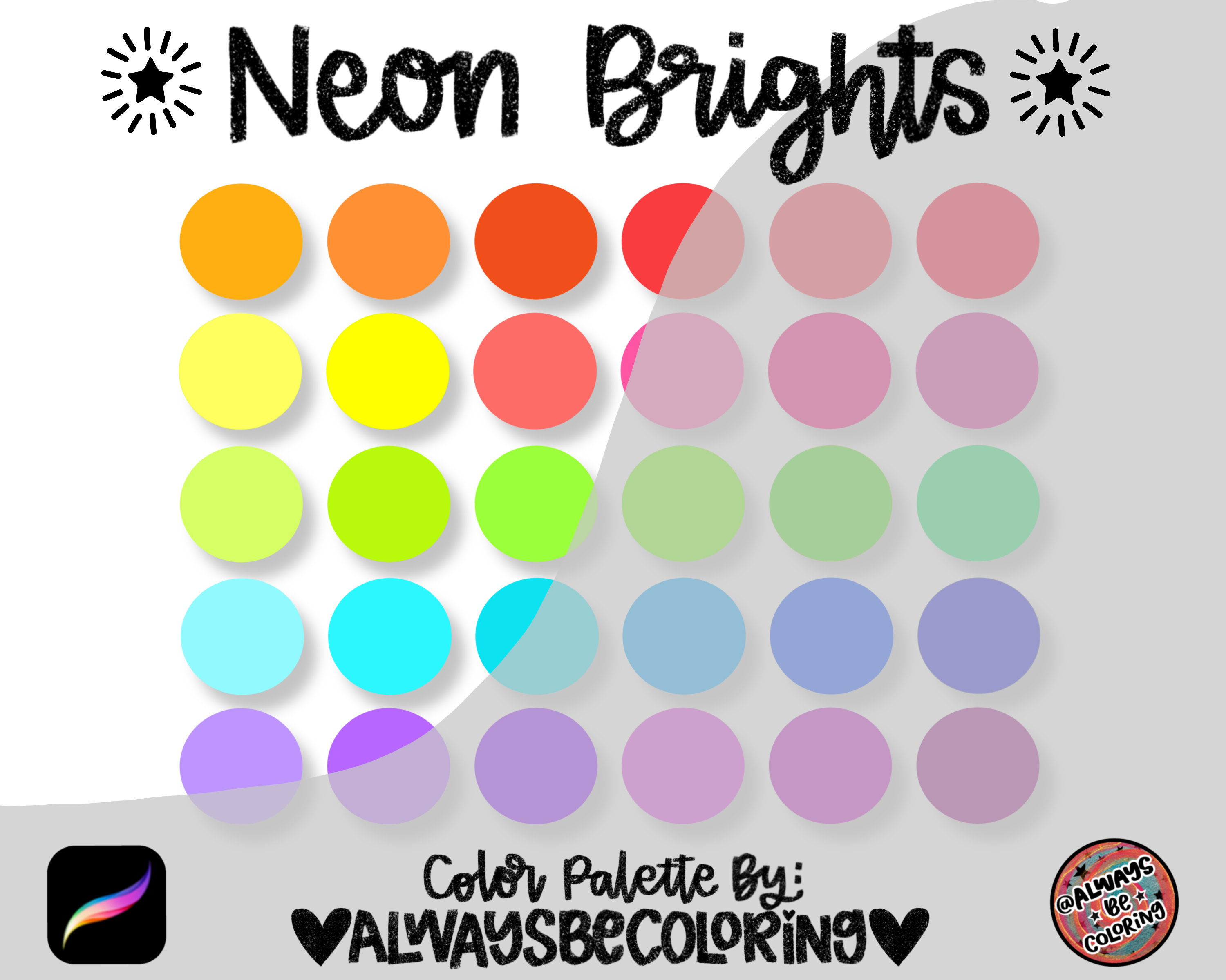 Instant Download Neon Brights Procreate Color Palette + PDF Swatches | 30 Fluorescent Colors