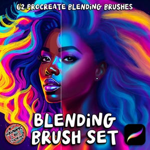 Peut inclure: Une illustration numérique d'une femme aux cheveux vibrants et colorés. Les cheveux sont coiffés en un motif fluide et ondulé avec des nuances de rose, bleu, jaune et violet. Le texte "62 Procreate Blending Brushes" et "Blending Brush Set" est affiché sur l'image. Le logo Procreate est également visible.