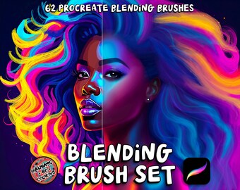 Op de afbeelding: Een digitale illustratie van een vrouw met levendig, kleurrijk haar. Het haar is gestyled in een vloeiend, golvend patroon met tinten roze, blauw, geel en paars. De tekst "62 Procreate Blending Brushes" en "Blending Brush Set" wordt weergegeven op de afbeelding. Het Procreate-logo is ook zichtbaar.