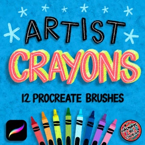 May include: A set of 12 digital Procreate brushes inspired by crayons. The brushes are designed to look like real crayons, with a variety of colors and textures. The image also includes the text "Artist Crayons" and "12 Procreate Brushes".