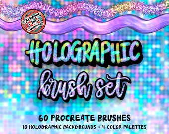 Könnte beinhalten: Ein Set mit 60 holografischen Pinseln für Procreate, mit 10 holografischen Hintergründen und 4 Farbpaletten. Der Text "HOLOGRAPHIC brush set" ist in einer bunten, glitzernden Schrift geschrieben.