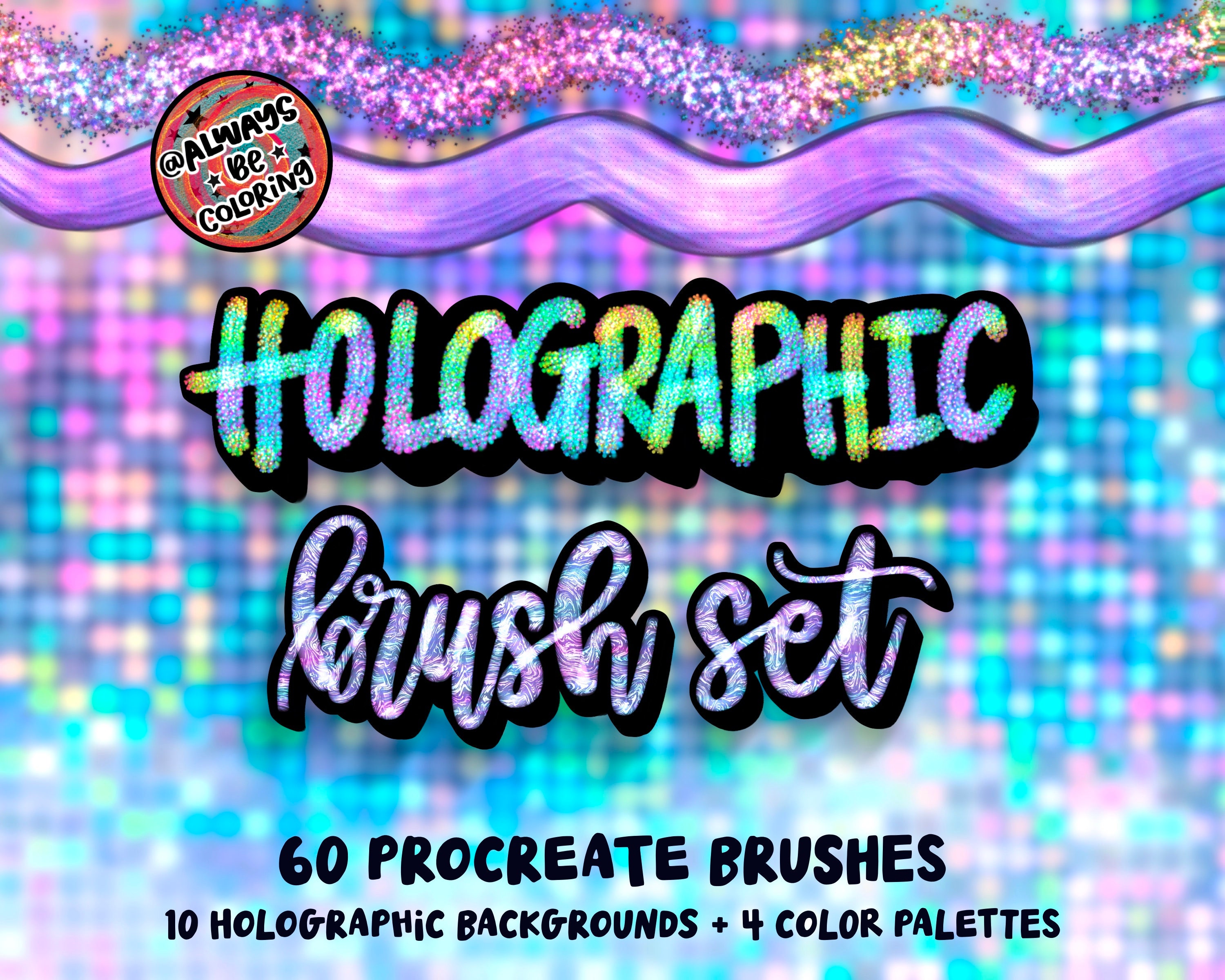 60 pinceles holográficos para Procreate con brillo, efectos metálicos + 4 paletas de color