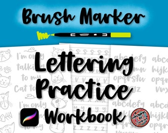 May include: A black and white printable workbook for practicing brush lettering. The workbook includes a variety of alphabet practice pages and a page with a cat illustration and the text "I'm only talking to my cat today".