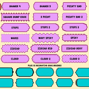 May include: A collection of digital graphic assets featuring fifteen purple rectangular banners with various decorative edges labeled Banner 4, Banner 5, Pointy End, Square Bump Edge, 3 Point, Pointy End 2, Steps, Steps 2, Steps 3, Waves, Wavy Spiky, Spiky, Zigzag, Zigzag Big, Zigzag Boxy, Cloud, Cloud 2, Cloud 3, and ten cyan rectangular banners with diverse borders.