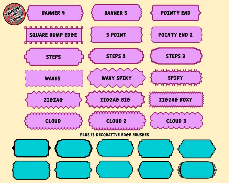 May include: A collection of digital graphic assets featuring fifteen purple rectangular banners with various decorative edges labeled Banner 4, Banner 5, Pointy End, Square Bump Edge, 3 Point, Pointy End 2, Steps, Steps 2, Steps 3, Waves, Wavy Spiky, Spiky, Zigzag, Zigzag Big, Zigzag Boxy, Cloud, Cloud 2, Cloud 3, and ten cyan rectangular banners with diverse borders.