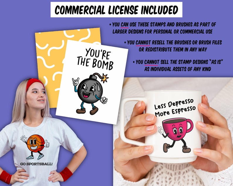 ¡Conjunto de creación de personajes de mascota retro para Procreate! ¡280 sellos para Procreate, 45 pinceles de semitonos, texturas y patrones sin costuras! Caras, cuerpos, brazos, piernas imagen 10