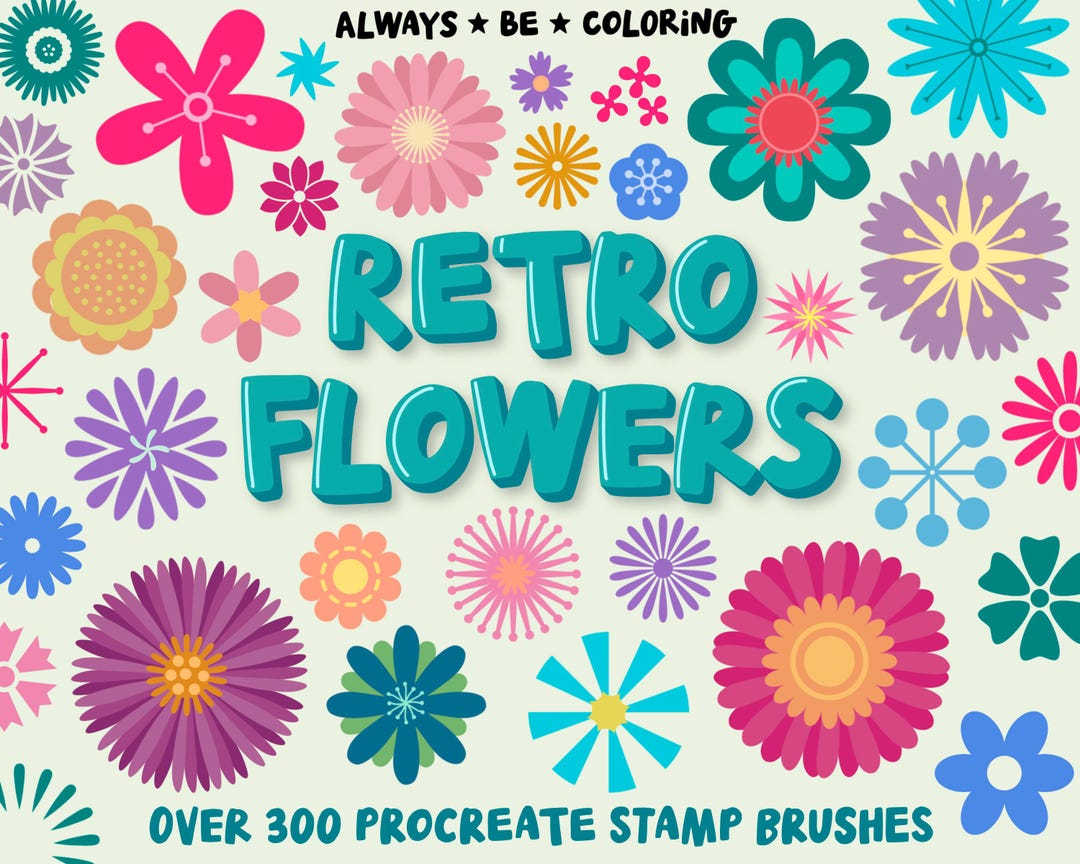 Over 300 Procreate Retro Flowers Stamp Brushes + 6 Color Palettes ...