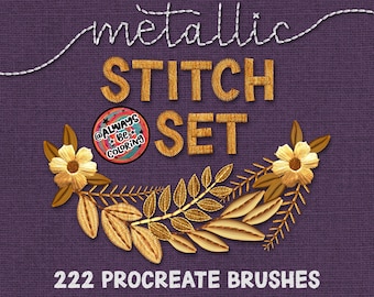 222 Metallic Stitch Procreate Brushes, Pędzle do bezszwowych tekstur tkanin, Pędzle Procreate do odzieży, Zestaw pędzli do haftu cyfrowego
