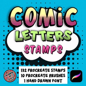 132 carimbos de quadrinhos Procreate com letras, balões de fala, 10 pincéis de meio-tom e quadrinhos Procreate, fonte de desenho animado peculiar desenhada à mão, guia do usuário