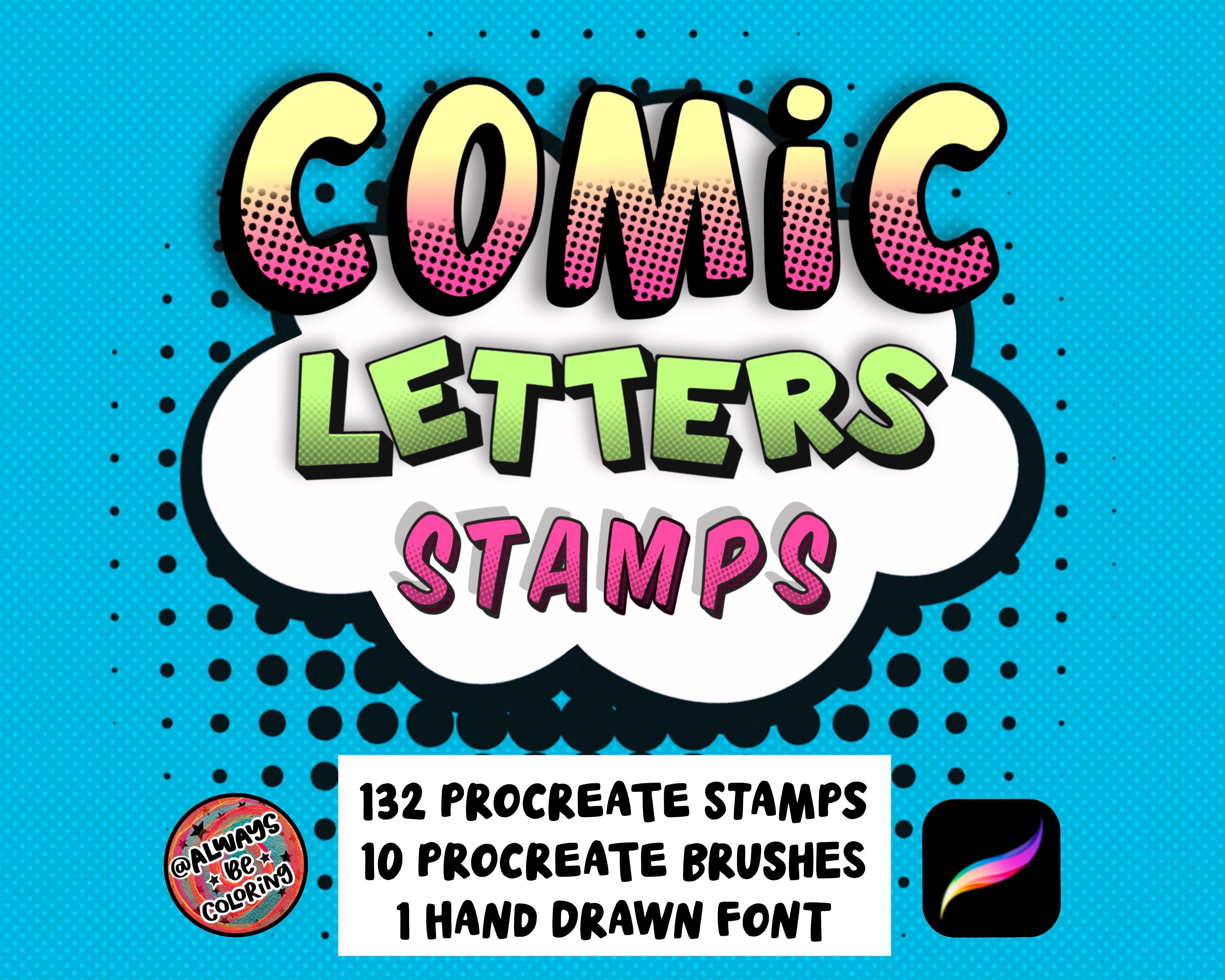 132 Procreate Comic Stamps with Letters, Speech Bubbles, 10 Procreate Halftone and Comic Brushes, Hand Drawn Quirky Cartoon Font, User Guide