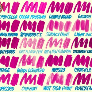 May include: A digital art piece showcasing various pink brushstroke styles and ink effects. The image features text labels such as "Sign Pen Color," "Grungy," and "Distressed," offering a visual guide to different artistic techniques. The background is a light yellow.