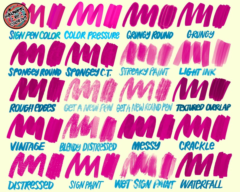 May include: A digital art piece showcasing various pink brushstroke styles and ink effects. The image features text labels such as "Sign Pen Color," "Grungy," and "Distressed," offering a visual guide to different artistic techniques. The background is a light yellow.