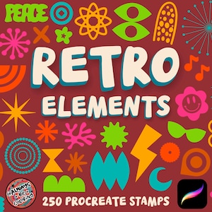 Op de afbeelding: Een verzameling van 250 Procreate-stempels in retrostijl met verschillende vormen, symbolen en ontwerpen in felle kleuren. De stempels omvatten een ster, een vredesteken, een bloem, een bliksem en meer. De tekst "Retro Elements" wordt weergegeven in een vet, kleurrijk lettertype.