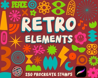 May include: A collection of 250 retro-style Procreate stamps featuring various shapes, symbols, and designs in bright colors. The stamps include a star, peace sign, flower, lightning bolt, and more. The text "Retro Elements" is displayed in a bold, colorful font.
