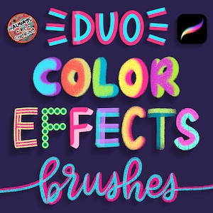 Op de afbeelding: Een digitale kunstafbeelding op een donkerblauwe achtergrond. De woorden "DUO COLOR EFFECTS brushes" staan in kleurrijke, getextureerde letters. Een klein cirkelvormig logo en een Procreate app-icoon zijn ook zichtbaar.