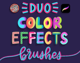 140 Duo Color Effects Procreate Brushes, Textured Lettering Brushes, Drawing, Outline, Multiline, 3D Brush Set, Color Palettes, iPad Art
