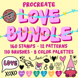 280 pinceaux et timbres Procreate Love & Valentines, 8 palettes de couleurs, pinceaux à paillettes, pinceaux à motifs, timbres cardiaques, créez des cartes DIY !