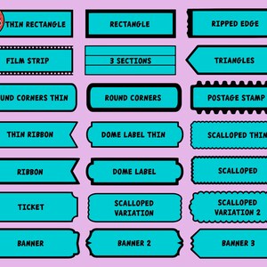 May include: A collection of twenty-one cyan rectangular labels with black outlines, arranged in three columns on a light purple background. Each label features black text identifying its shape, including labels like Thin Rectangle, Film Strip, Postage Stamp, and Banner.
