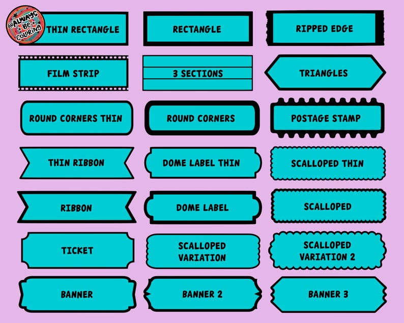 May include: A collection of twenty-one cyan rectangular labels with black outlines, arranged in three columns on a light purple background. Each label features black text identifying its shape, including labels like Thin Rectangle, Film Strip, Postage Stamp, and Banner.