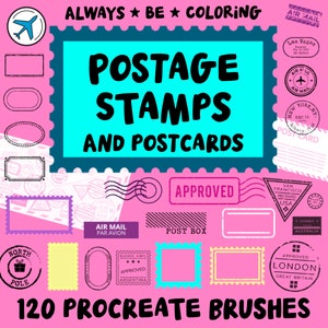 120 pinceles de sellos postales y sellos postales Procreate, sellos de marco, sellos de viaje, sellos de vacaciones, conjunto de sellos de diario del planificador de viñetas
