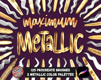May include: A digital art graphic on a purple background with the words "maximum METALLIC" in gold. The image includes 125 Procreate brushes and 2 metallic colour palettes. Various metallic brush strokes surround the text.