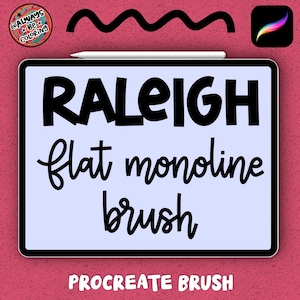 May include: A digital illustration of a Procreate brush called "Raleigh flat monoline brush" on a blue background. The brush is a flat, monoline brush that is perfect for creating lettering and other designs.