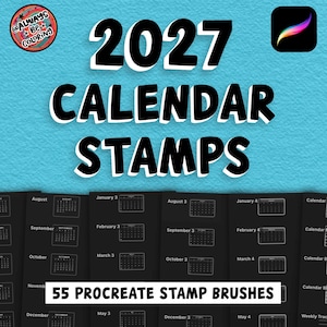 Puede incluir: Un conjunto digital de 55 pinceles de sello para Procreate con diseños de calendario 2027. La imagen muestra paneles rectangulares negros con texto blanco y diseños de cuadrícula para cada mes, incluyendo plantillas en blanco y un rastreador.