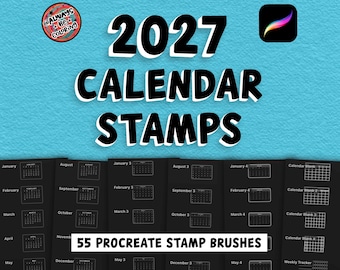Sellos de calendario para Procreate 2027, además de sellos de calendario en blanco y de seguimiento de hábitos. Crea planificadores digitales y calendarios personalizados.