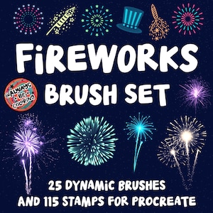 May include: A set of 25 dynamic brushes and 115 stamps for Procreate, featuring fireworks in various colors and styles. The text "Fireworks Brush Set" is displayed in white, with a smaller circle containing the text "@Always Be Coloring" in red, white, and blue.