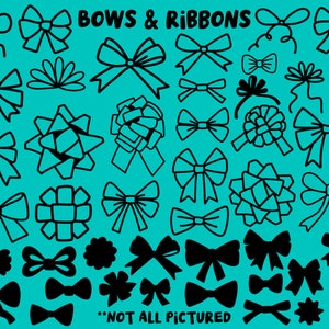 Puede incluir: Una colecci&oacute;n de ilustraciones dibujadas a mano en blanco y negro de lazos y cintas. El texto "BOWS & RIBBONS" est&aacute; en la parte superior de la imagen. El texto "**NOT ALL PICTURED**" est&aacute; en la parte inferior de la imagen.