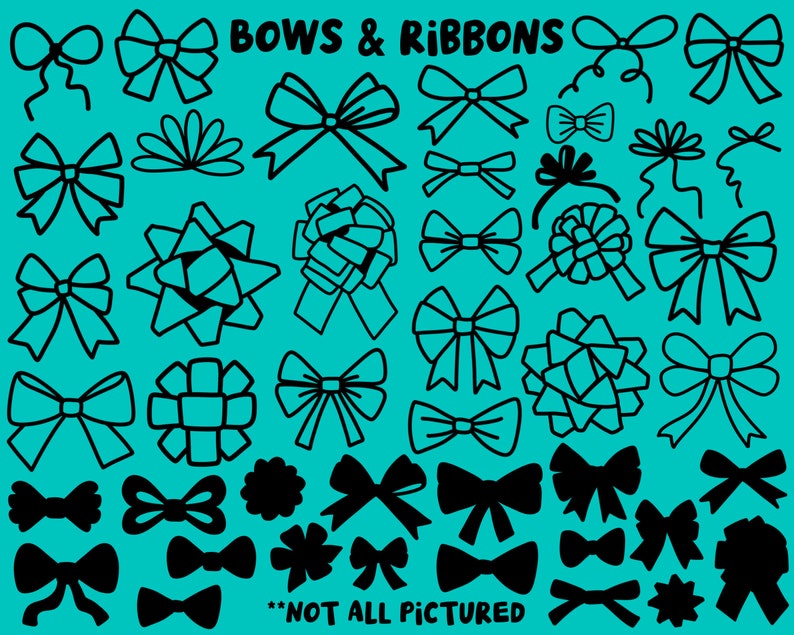 Puede incluir: Una colecci&oacute;n de ilustraciones dibujadas a mano en blanco y negro de lazos y cintas. El texto "BOWS & RIBBONS" est&aacute; en la parte superior de la imagen. El texto "**NOT ALL PICTURED**" est&aacute; en la parte inferior de la imagen.