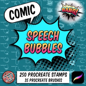 285 Procreate Comic Brushes & Stamps with Speech Bubbles, Action Words, Halftones, Inking, Sketching and Pattern Brushes, Cartoon Art Set
