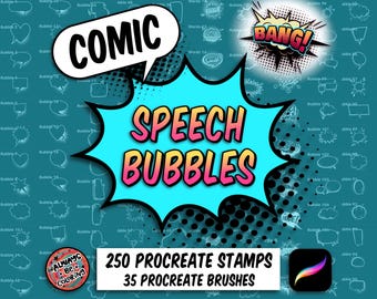 285 Procreate Comic Brushes & Stamps with Speech Bubbles, Action Words, Halftones, Inking, Sketching and Pattern Brushes, Cartoon Art Set