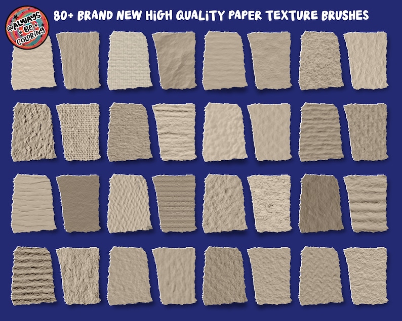 Puede incluir: Una colecci&oacute;n de m&aacute;s de 80 pinceles de textura de papel de alta calidad. Los pinceles se muestran sobre un fondo azul y est&aacute;n dispuestos en una cuadr&iacute;cula. Cada pincel tiene una textura diferente, como lino, lienzo y cart&oacute;n.