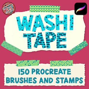 Puede incluir: Anuncio de suministros de arte digital. La imagen muestra las palabras "Washi Tape" en turquesa, con patrones de estrellas y puntos. También incluye el texto "150 Procreate Brushes and Stamps" y un icono de la aplicación Procreate, sobre un fondo rosa.