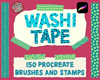150 Procreate Washi Tape Brushes and Stamps, Seamless Pattern Brush Set, Lettering, Digital Collage, Illustrations & Bullet Planner Journal