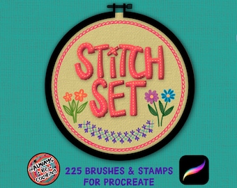 225 Stitch Procreate Pinsel, Stoff nahtlose Textur Pinsel, Kleidung Mode Procreate Pinsel, digitale Stickerei Pinsel-Set, Nähen