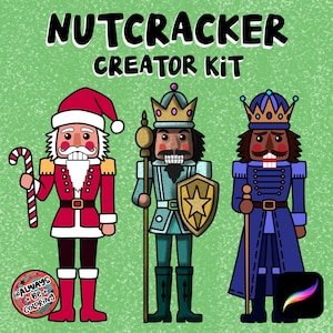 Może przedstawiać: Ilustracja trzech kreskówkowych dziadków do orzechów w czerwonych, turkusowych i niebieskich strojach, ze złotymi koronami i akcesoriami. Tekst "NUTCRACKER CREATOR KIT" znajduje się na górze. Obraz ma zielone tło i logo w lewym dolnym rogu.